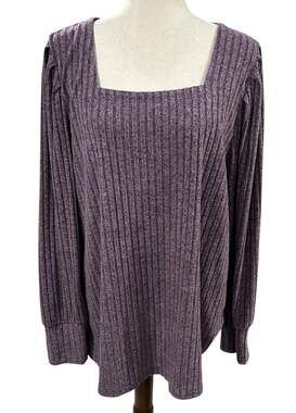 Wiholl Purple Ribbed Puff Sleeve Semi Sheer Purple Sweater Plus Size 3XL